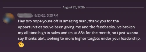 Direct message: a chatter thanking the team for the opportunities and feedback, having broken their all-time high at $63k for the month