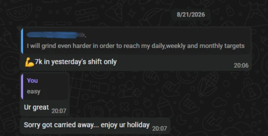 Chat message: a chatter reporting $7k in a single shift and promising to push harder for daily, weekly and monthly targets